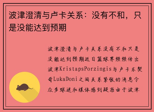 波津澄清与卢卡关系：没有不和，只是没能达到预期