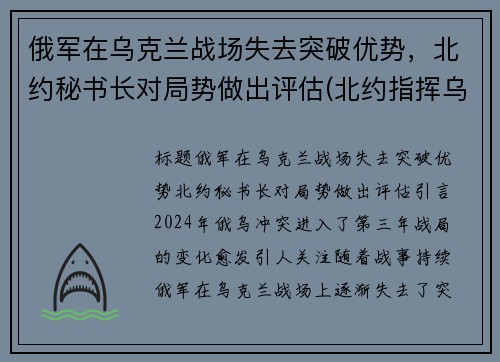 俄军在乌克兰战场失去突破优势，北约秘书长对局势做出评估(北约指挥乌克兰开战)