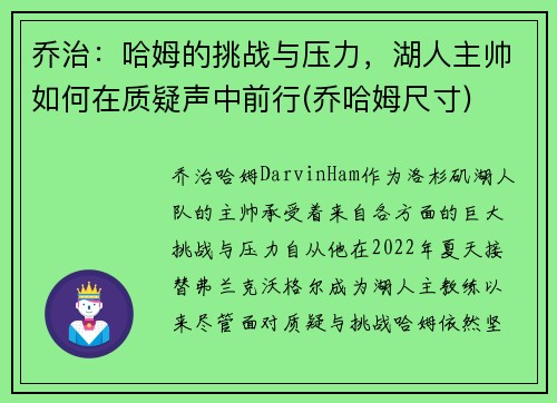 乔治：哈姆的挑战与压力，湖人主帅如何在质疑声中前行(乔哈姆尺寸)