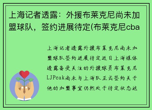 上海记者透露：外援布莱克尼尚未加盟球队，签约进展待定(布莱克尼cba数据)