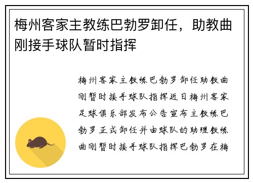 梅州客家主教练巴勃罗卸任，助教曲刚接手球队暂时指挥