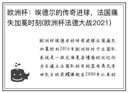 欧洲杯：埃德尔的传奇进球，法国痛失加冕时刻(欧洲杯法德大战2021)