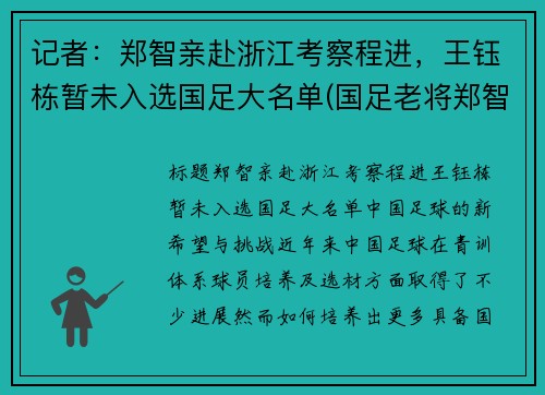 记者：郑智亲赴浙江考察程进，王钰栋暂未入选国足大名单(国足老将郑智)